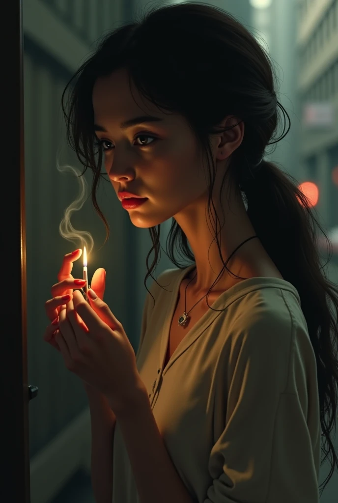 Woman with cigarette on her chest