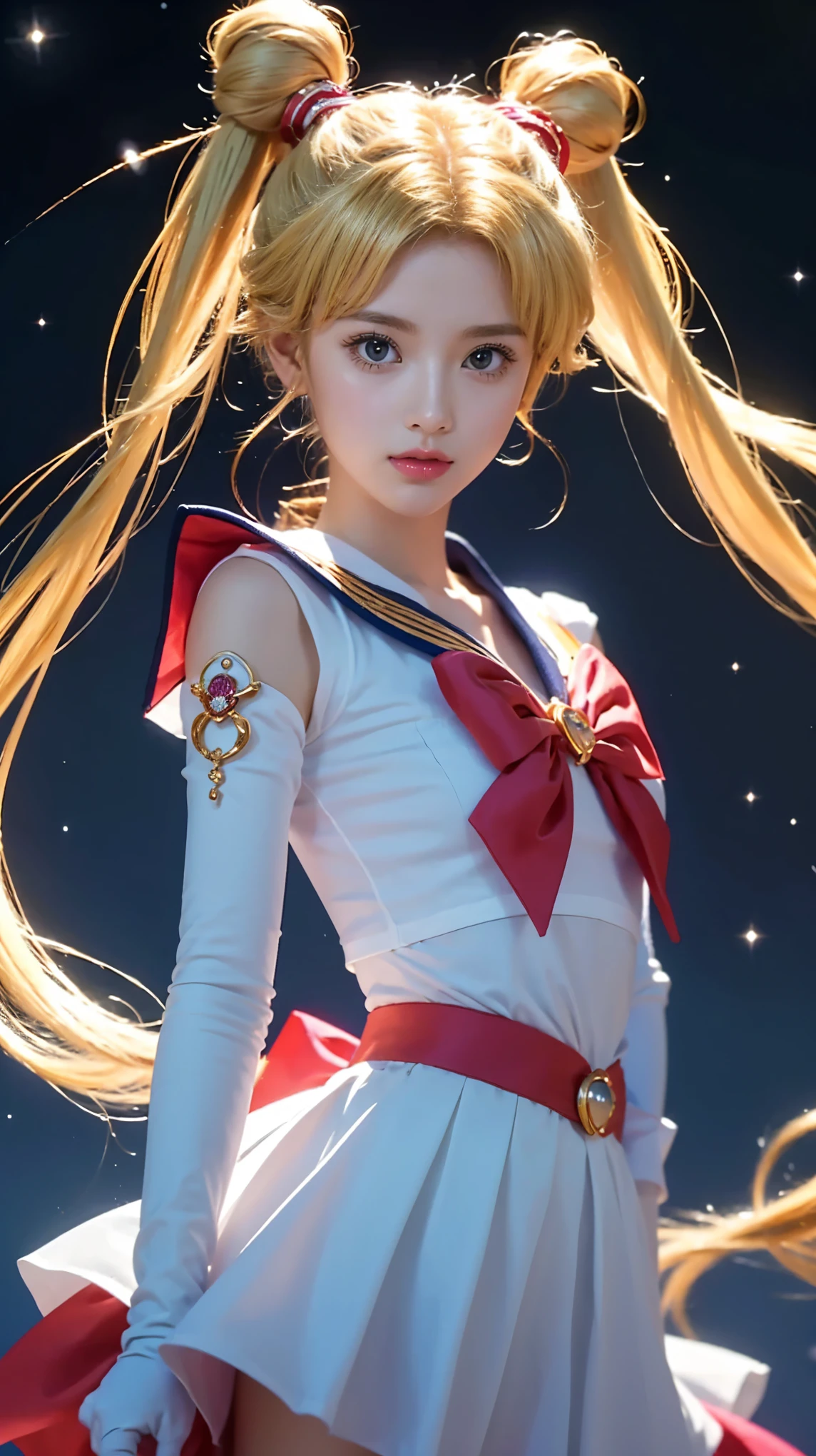 NSFW,table top、full:1.3、stand、8k、。.3d、realistic、super micro photography、highest quality、Wallpapers with extreme details CG Unity 8k、from below、intricate details、(1 female)、2、(sailor moon:1.6 Super Bishoujo Senshi sailor moon Mer1、Meisha Onfu,Land、sailor warrior uniform Sailor:1.5、sailor moon:1.5,Eternal sailor moon)、(Incredibly long and bright blonde twintails:1.4、thin and very long straight twin tail blonde, bun hair、Red round hair ornament for hair bun)、((sailor warrior uniform、sailor color,pregate mini skirt:1.5、Glossy pleated mini skirt:1.3、very large red ribbon on the chest,,,,,、white long latex gloves,red gloves on the elbows、A gorgeous golden tiara on the forehead、Ear Nipple Ring,luxury golden jewelry))、Extremely thin and fitted high gloss white holographic leather、High-gloss white latex high-leg swimsuit that shines like oil,(facial details:1.5、bright blue eyes、Beautifull expression、beautidfull eyes、iris outline, shining eyes、thin lips:1.5、thin and sharp pale eyebrows,、long and thick eyelashes、double eyelashes、thin, thin and muscular,,,、small face、tall and big breasts、perfect proportions、big breasts thin waist、sexy model posing、dynamic pose,Visible pores、enchanting smile、perfect hands:1.5、octane rendering、very dramatic picture、(The divinity of the moon,space background、moonlight rays、moon、dynamic background、exquisite light and shadow、dynamic angle、detailed background),strong natural light、sunlight、Digital single-lens reflex camera、sharp focus: 1.0、maximum clarity and sharpness