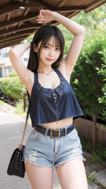 (Highest quality,8K quality,masterpiece:1.3),(Ultra-high resolution,Realistic:1.4,RAW Photos), Detailed body:1.4, Young appearance:1.8, Natural soft light, whole body:1.3, Navel exposed:1.6, ((Excited:1.8))