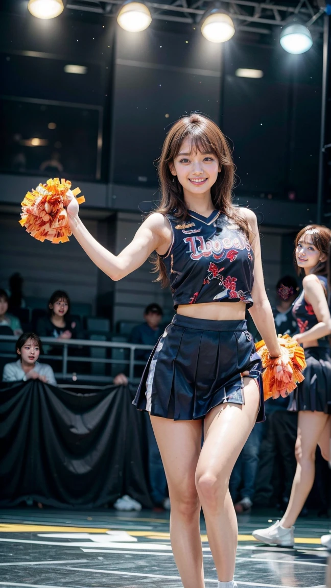 (((Draw only one woman:2)))、((Cheerleaders dancing at the basketball venue:1.5))、((She wears an elaborately designed cheerleader costume.:1.8))、beautiful 16 year old woman、((1 screen))、8K、RAW shot、highest quality photos、masterpiece、nice realistic pictures、(( anatomically correct proportions : 1.5))、((perfect proportions))、((A cute woman who looks like a beautiful Japanese idol))、((small head))、detailed face、detailed eyes、narrow nose、(detailed fingers: 1.2)、detailed arms、detailed skin、detailed legs、(slim style)、((thin waist))、(Medium udder)、(Cheerleader costume with elaborate tank top design:1.5)、(sweaty body:1.2)、(sweaty hair:1.2)、(Cheerleader costume with bold design that shines when wet:1.3)、(Holding pom-poms in both hands:1.5)、(dance with a happy smile:1.2)