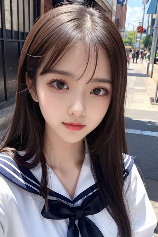  like an idol , long hair , straight hair, Round face , bust up ,  sailor suit  ,  as pictured  ,   match shading 、Best Beautiful Girl、 Refreshing Appearance 、It looks fun、Comfortable feeling、 has big eyes、 double eyelids、