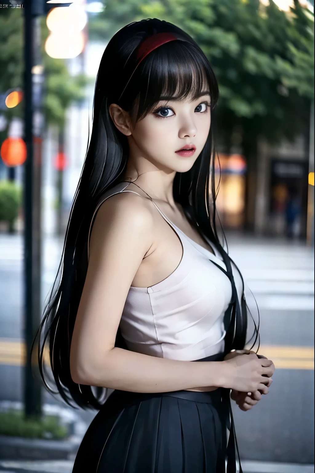Top image quality、top-quality、Lustrous lips、Lustrous eyes、Lustrous hair、Transparent black hair、doress、In the street、nighttime scene、