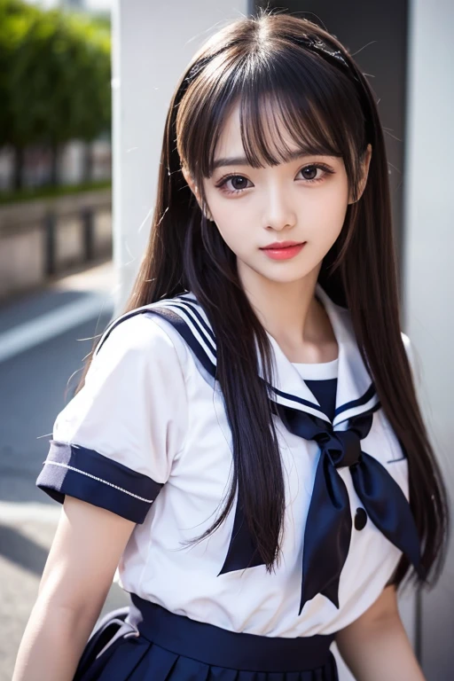  like an idol , long hair , straight hair, Round face , bust up ,  sailor suit  ,  as pictured  ,   match shading 、Best Beautiful Girl、 Refreshing Appearance 、It looks fun、Comfortable feeling、 has big eyes、 double eyelids、