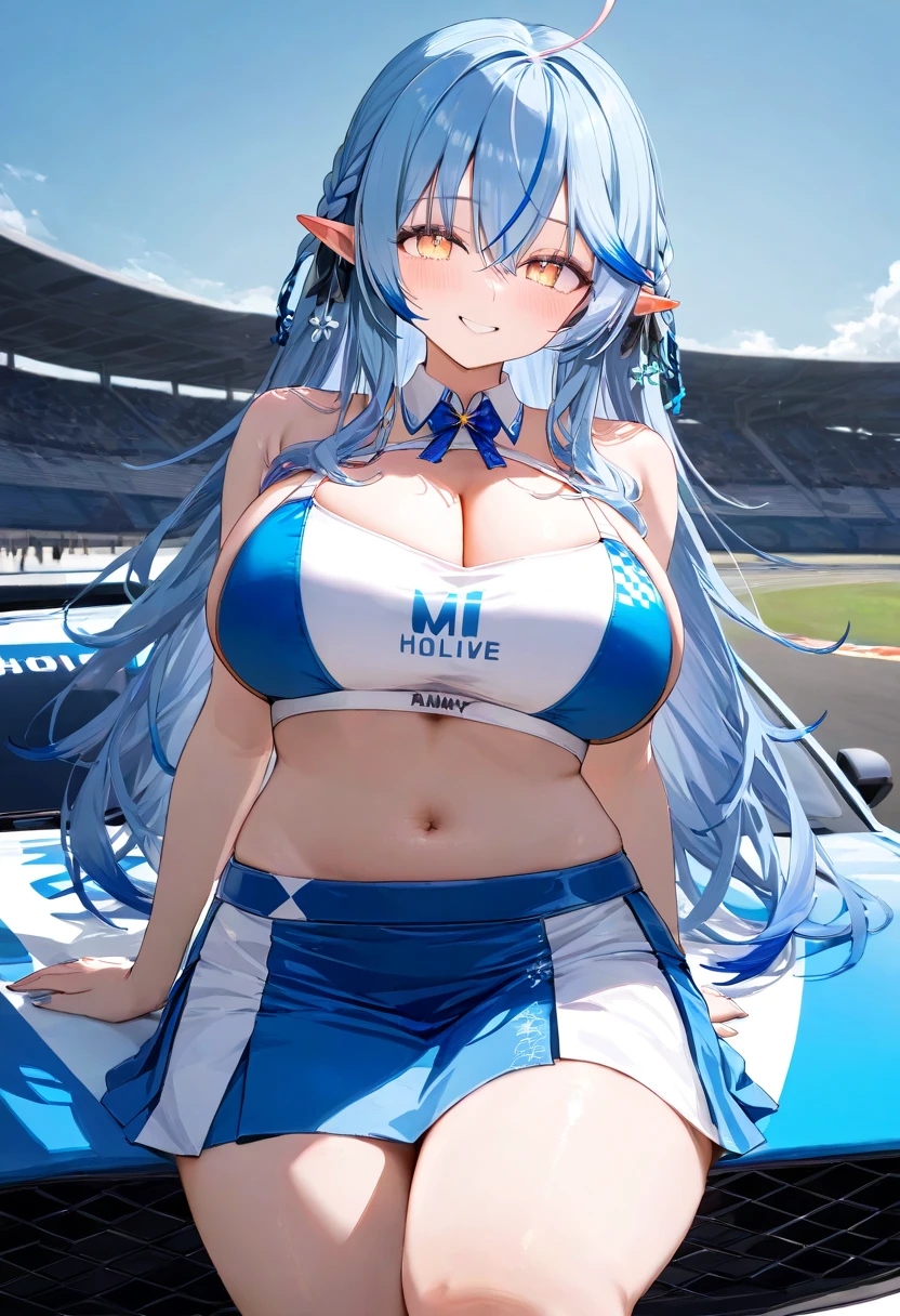 ( top quality , 8k , masterpiece ),  girl  , young , 1 person ,  very detailed eyes and face , Yukihana Lamy ,  hololive  ,  blue hair  , smile ,  will be happy ,  red cheeks  , ( race queen, skirt, midriff, crop top :1.2 ) , (  huge breasts )