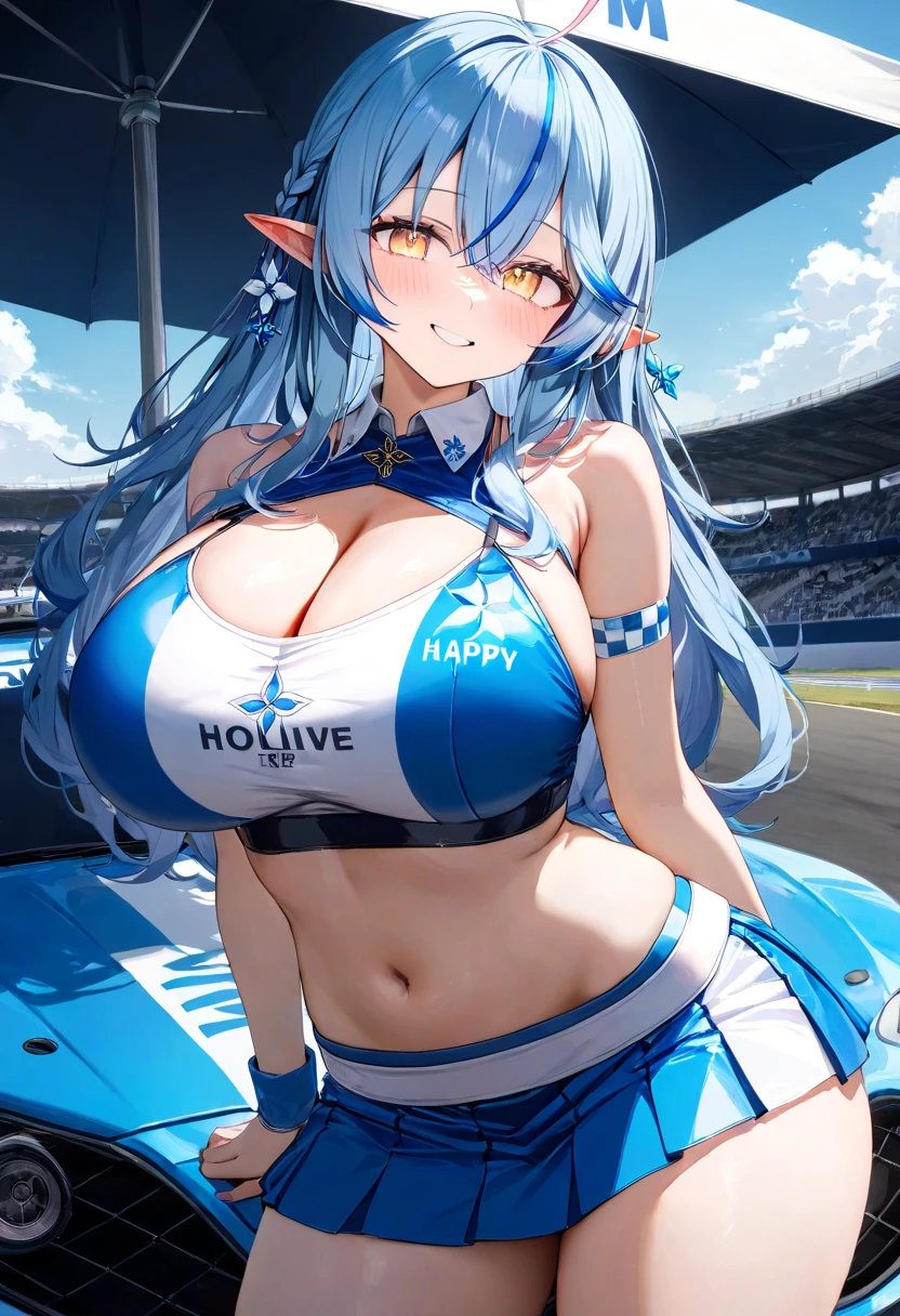 ( top quality , 8k , masterpiece ),  girl  , young , 1 person ,  very detailed eyes and face , Yukihana Lamy ,  hololive  ,  blue hair  , smile ,  will be happy ,  red cheeks  , ( race queen, skirt, midriff, crop top :1.2 ) , (  huge breasts )