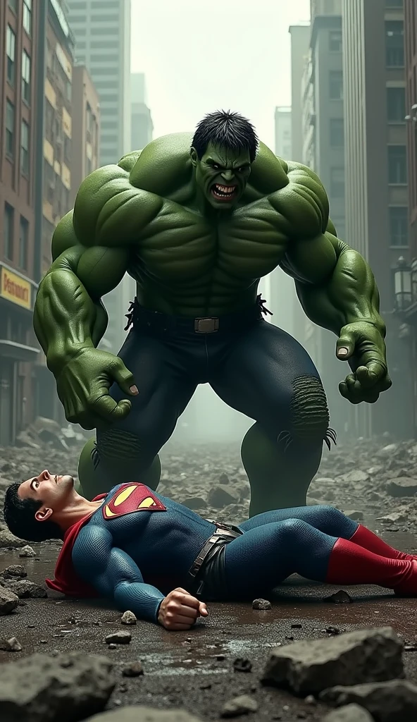 Hulk punch the super man and super man face deep and bloody and hulk very confident in the boxing ring super man down in the flour in the boxing ring