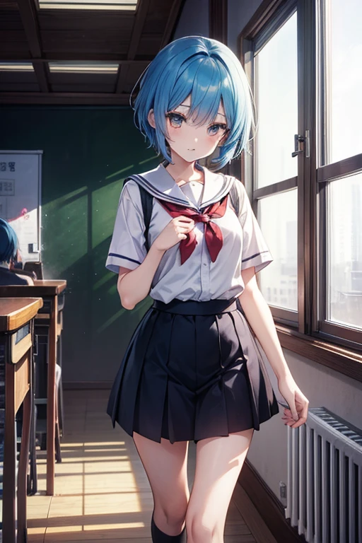 blue haired short haired girl anime style cool atmosphere