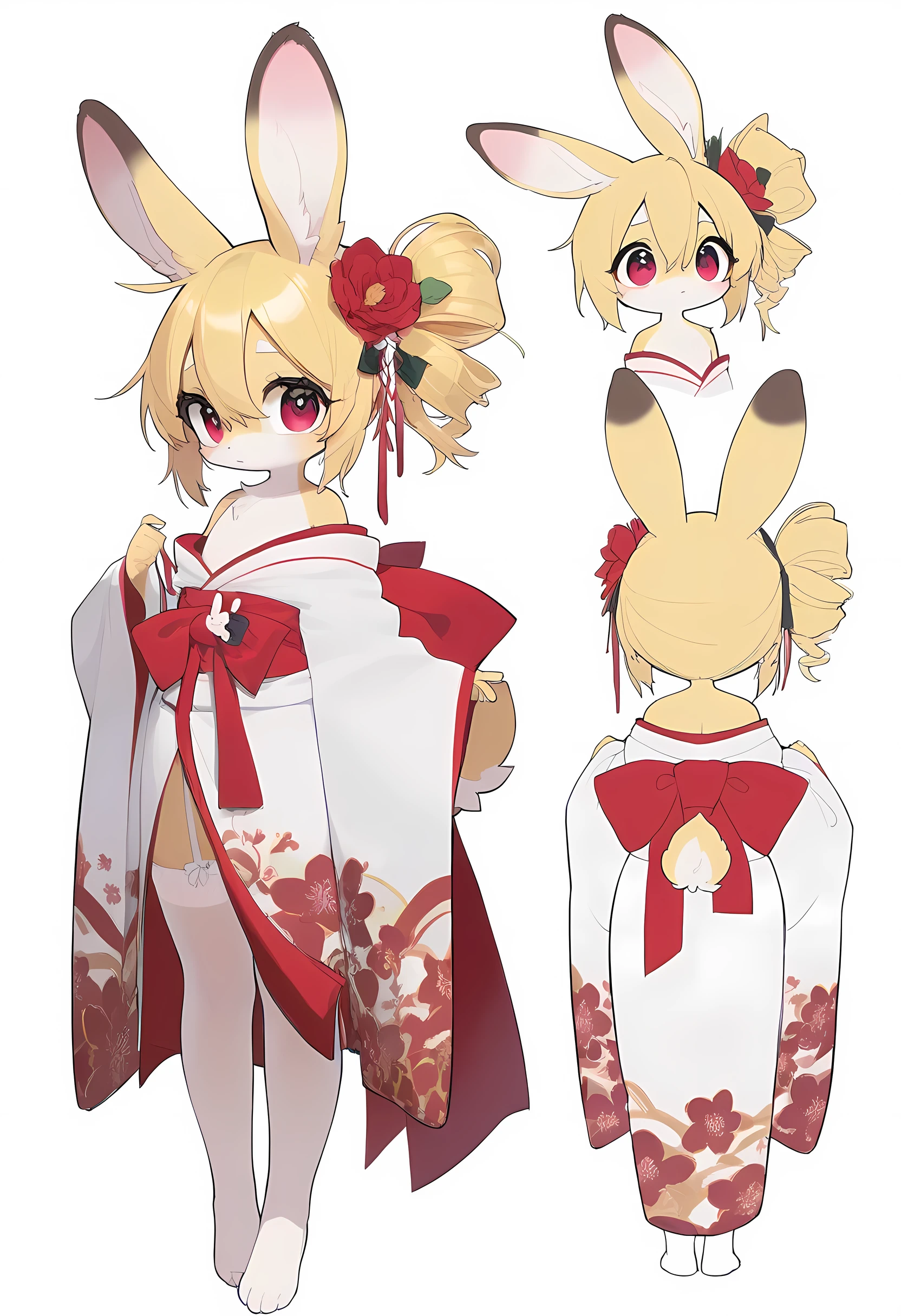 Character sheet,Furry,big rabbit ears, wide pelvis ,Lori,,Barefoot, flowing clothes ,Long Japanese kimono costume ,Wide thighs, flat chest ,연한 노란색 hair,Rabbit tail, cute ,Gentle impression,flushing,흰색 배의 hair, white transparent stockings ,Extraordinary expression ,hair,Standing, red eyes , Playing Yellow Hair , side tail hair, white kimono ,Red Flower Mooney , full body, big eyes that tear,Ribbon decoration,Expressionless,frontal