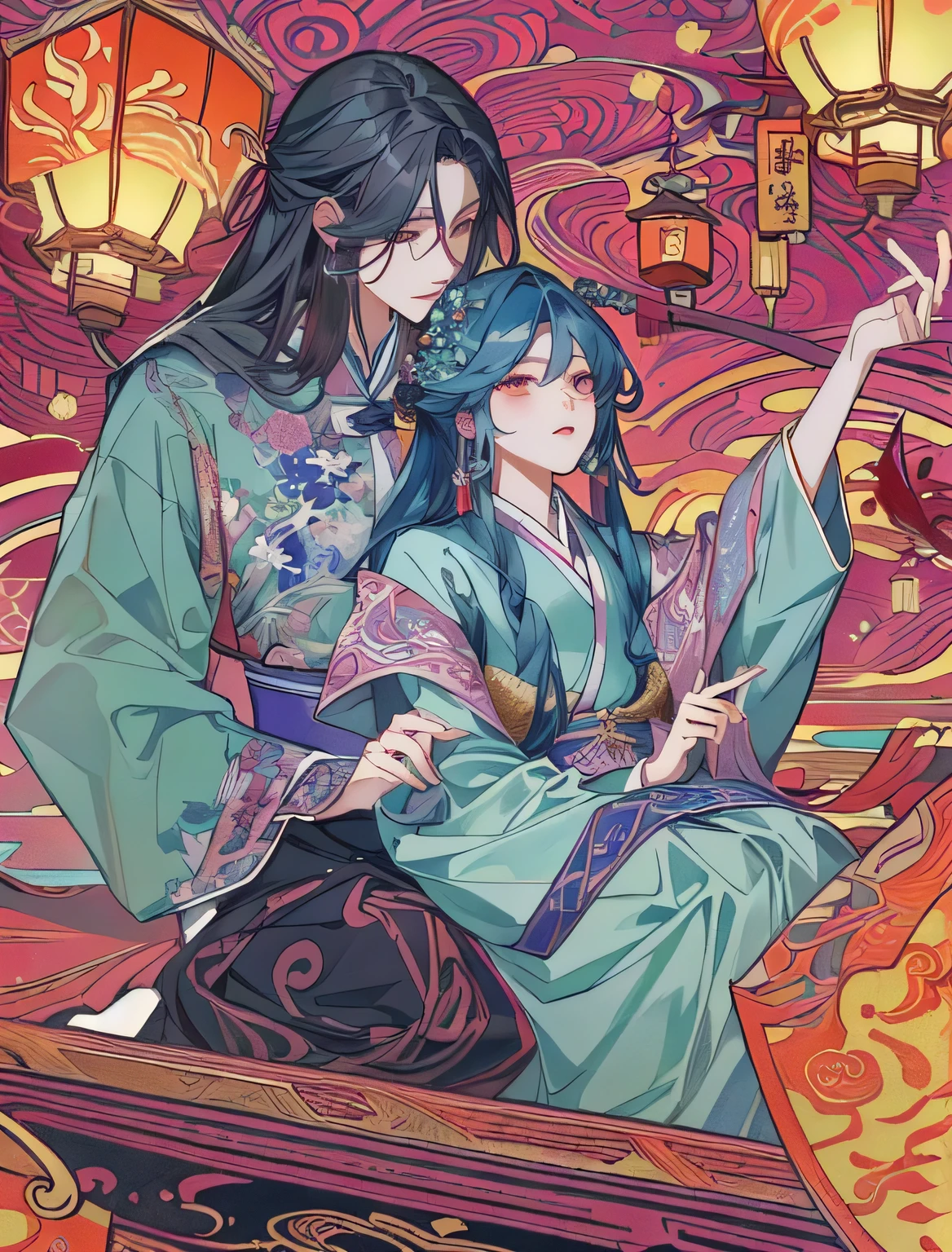 动漫情侣坐在船上，Lanterns floating in the background,  flowing hair and robe, xianxia fantasy,  yiqiang and shurakrgt , artwork in the style of Guweiz, heise jinyao, Full body fairy,  Official Fan Work , nixeu 和 sakimichan,  inspired by Cao Zhi Bai ,  Korean Art Nouveau animation