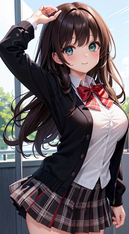 masterpiece, Best quality, Hi-Res, 1girl, Solo, Tsukino Mito, Long hair, Virtual Youtuber, Skirt, Thighs, Black hair, Jacket, Bow, Blazer, Black jacket, Hair clip, Hair ornament, Thin white thighs, Bangs, Braids, Pleated skirt, Pink bow, School uniform, Bow tie, Very long hair, Long sleeve, Shirt, Collared shirt, White shirt, Blue eyes, pink bow tie, plaid skirt, plaid, black skirt, mini skirt, standing, outdoors, street, (contemptuous face:1.1), (frown:1.2), (skirt lift:1.3), white_panties,