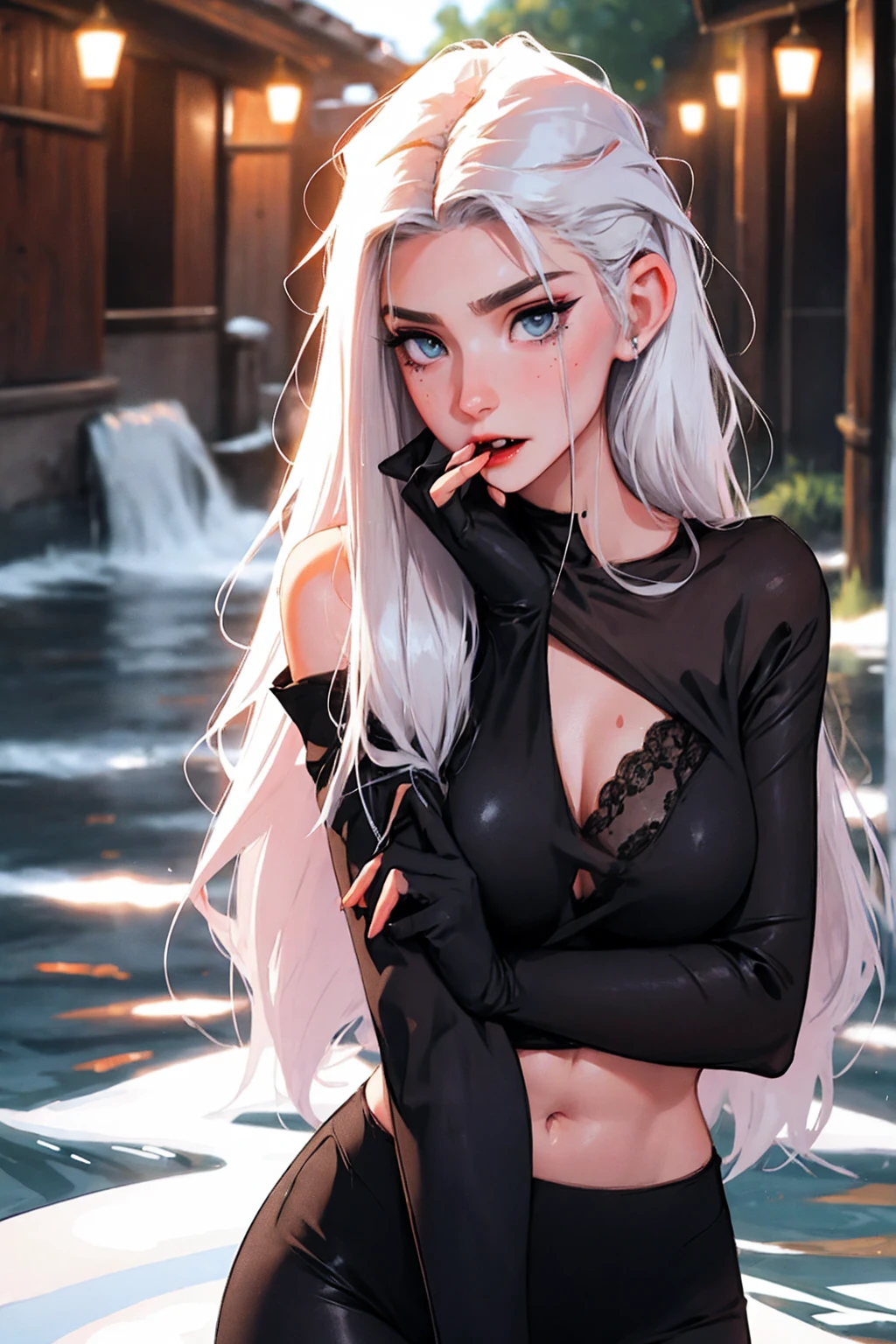 photorealistic, high resolution, 1 futa, solo, hips_up, hips up, beautiful eyes,dark makeup, influencer, thot, blush,  look at viewer, close lips, detailed face, white hair, long hair,, , (caught changing clothes), shiny skin, wet skin, slender body, dark makeup, abs, slender, hair pushed back in front, slim body, tsunami hair, ((vampire hunter)), 