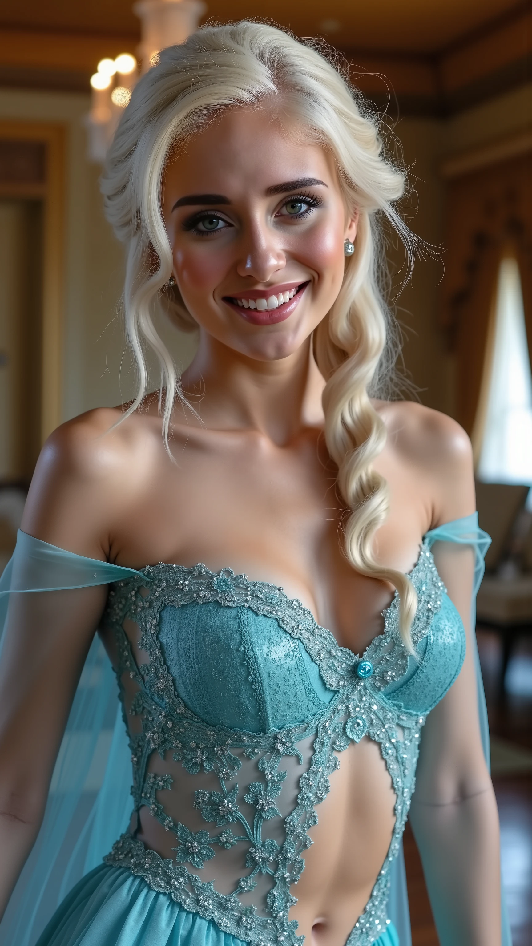 Visible cleavage, A stunning dynamic angle image of Anna Kournikova as Elsa smiling , she is sexy , queen of arendelle, young and beautiful, hyper realistic, real portrait, backlit, exquisite features, cleavage, sexy, seductive, interior or an ornate castle ballroom with high ceilings, show skin, blue eyes, exposed bum