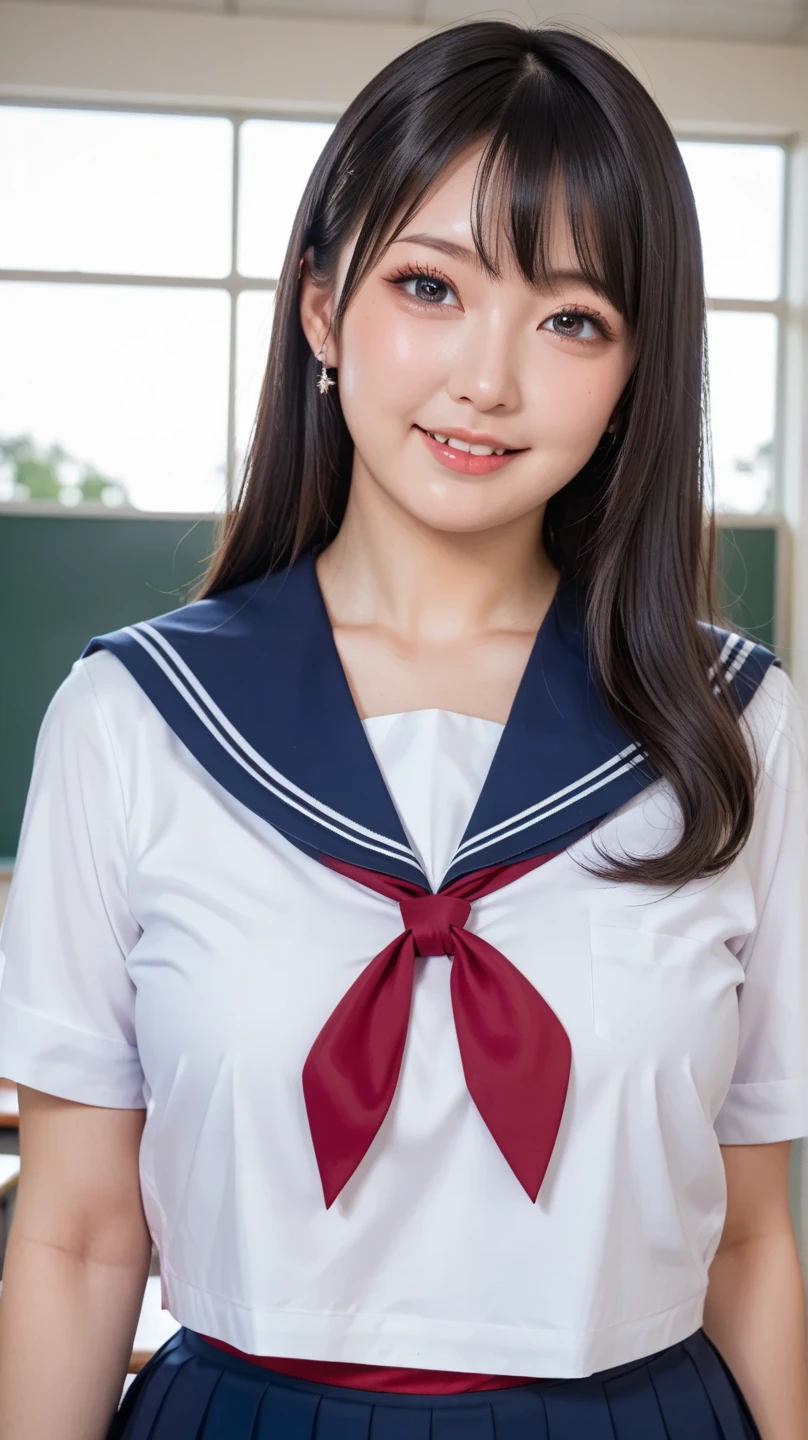 8K, Ultra-high resolution, Highest quality, masterpiece, 三分割法によるphotograph,Surreal, photograph, 1 girl, (16 years old:1.3), pretty girl, Cute face, Beautiful eyes in every detail, 細かくdetailedに,masterpiece,, One Girl:1.2, Japan Female Announcer,whole body、Black Hair、well-groomed eyebrows、Cute Lip Makeup、Calm atmosphere、A short-sleeved shiny dark sailor suit、White sailor collar、Navy blue pleated skirt、Red ribbon、White Stockings、Standing by the window of a classroom、Cute gestures、so beautiful,A carefree smile,Healing the heart,(twin braids),Looking at the audience、beauty,Long neck、Laugh a little、Please close your mouth and laugh、(((Ideal body type))),A-cup small breasts :2,、Portraiture:2、Perfect Anatomy、鮮明なdetailed、detailed、Surreal、Light and shadow,Strong light