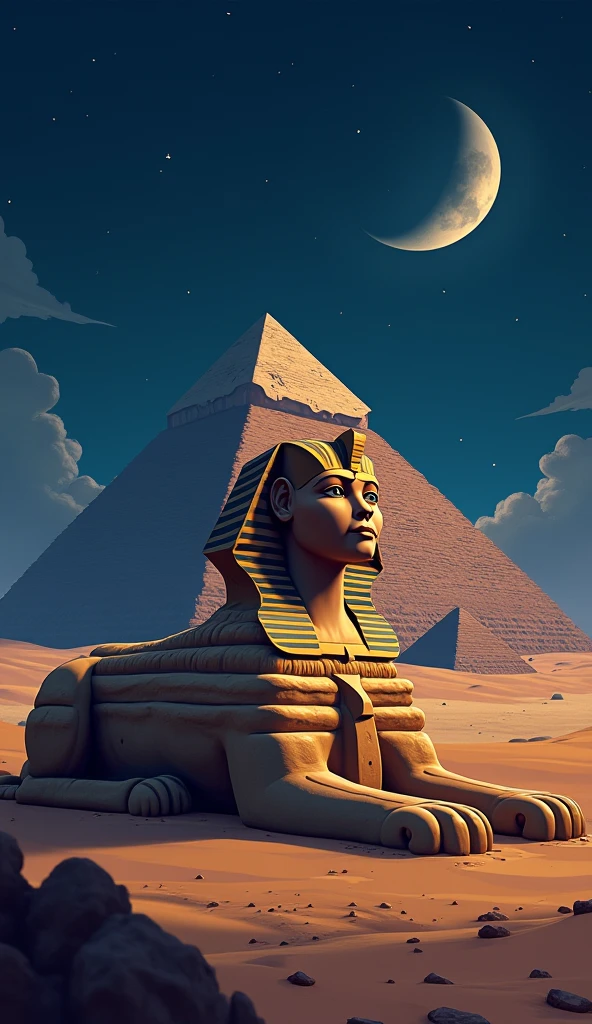 A colossal 500-meter stone statue standing beside the pyramid　Against the background of the moon