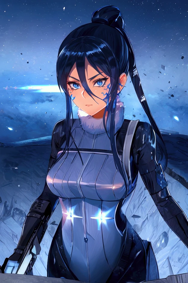 Pitohui_Elza, big blue eyes, facing forward, close-up of face, assault rifle, headgear, (Amazing, Captivating, Enchanting, Inspiring, Gorgeous, Impressive: 1.3), (Highly detailed, High quality: 1.3)