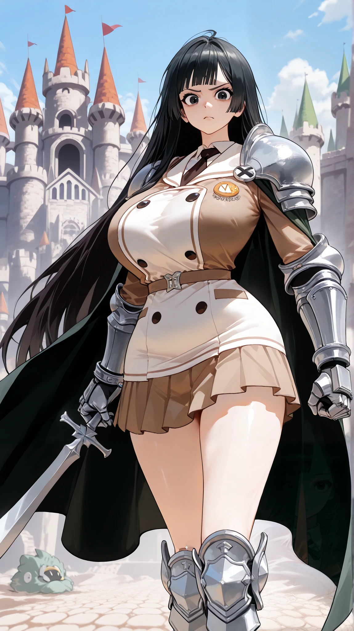 Anime, (걸작, 고해상도, 2k 해상도, 매우 상세한), 정면, (1여자, 완벽한 얼굴, fantasy character),(black hair, bangs, fluttering long hair),(black eyes), 홑꺼풀, monolid, (brown korean school uniform, brown blazer, white dress shirt, brown straight tie, fluttering brown tennis skirt, silver Plate gauntlet, shoulder armor, red fmuffler, dark green fluttering cloak, silver knee protector, wearing silver sword),(big breast, humongous breasts), beautiful, pretty, skinny body , front shot, fantasy, slim face, looking at viewer, cute, fantasy castle, tall, adult, mature, large hips, fighting pose, sirius expression , windy