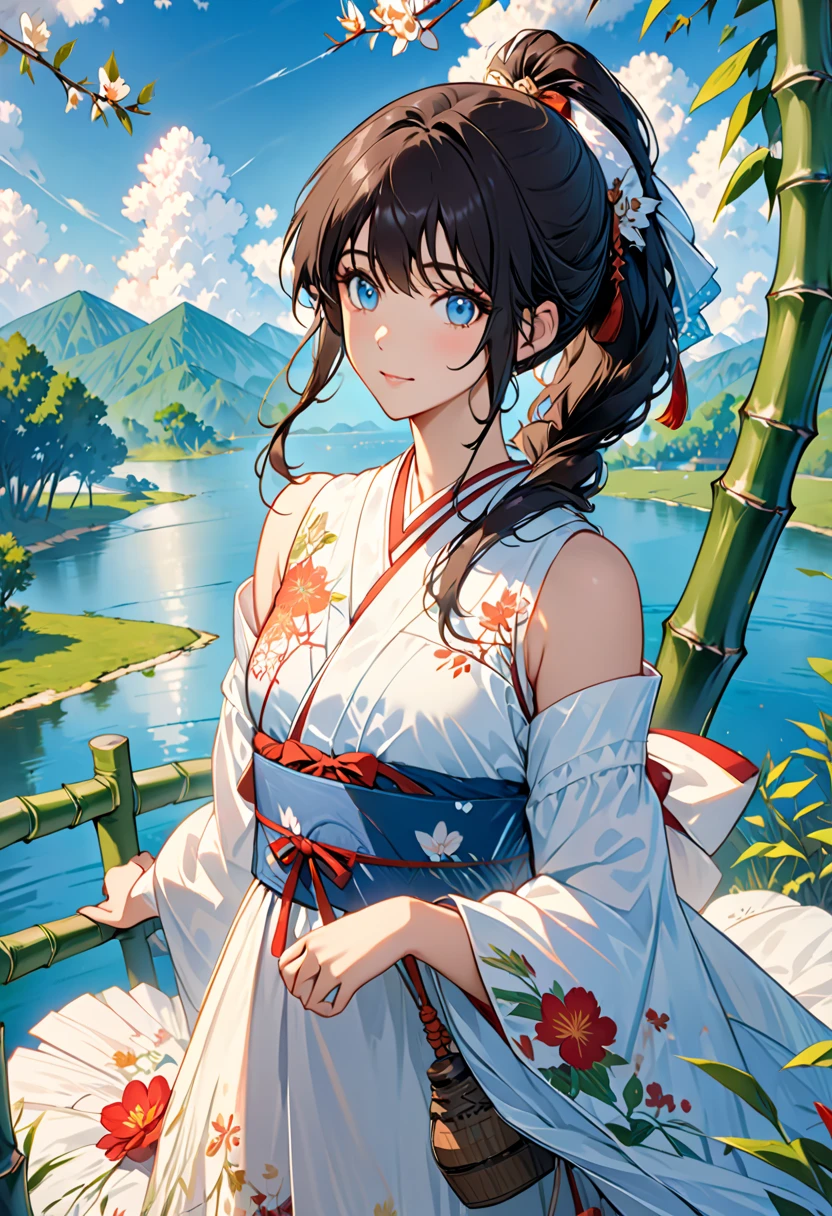 Masterpiece,  top quality,  Official Art, 8k wallpaper,  very detailed,  illustration,  1 girl,  Sky Blue Hair ,  long hair,   detail eyes with dark dark hair,  Forrest Gump, Bare shoulders, Hanfu, lake, pure,  soft smile, bamboo, tea