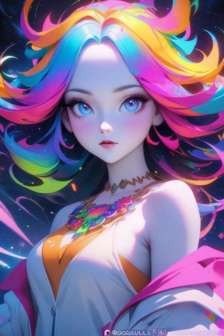 4K Ultra HD, Masterpiece, A girl with a magical aura, (good face:1.4), very Long hair, Detailed eyes, Glossy lips, Lolita costume, (rainbow costume:1.5), The aura around the body, Magical effect, Spread white light, Cosmic elements and ethereal atmosphere, A mix of bright lights and colorful nebulae, universe background, (Perfect body:1.5), sitting,
