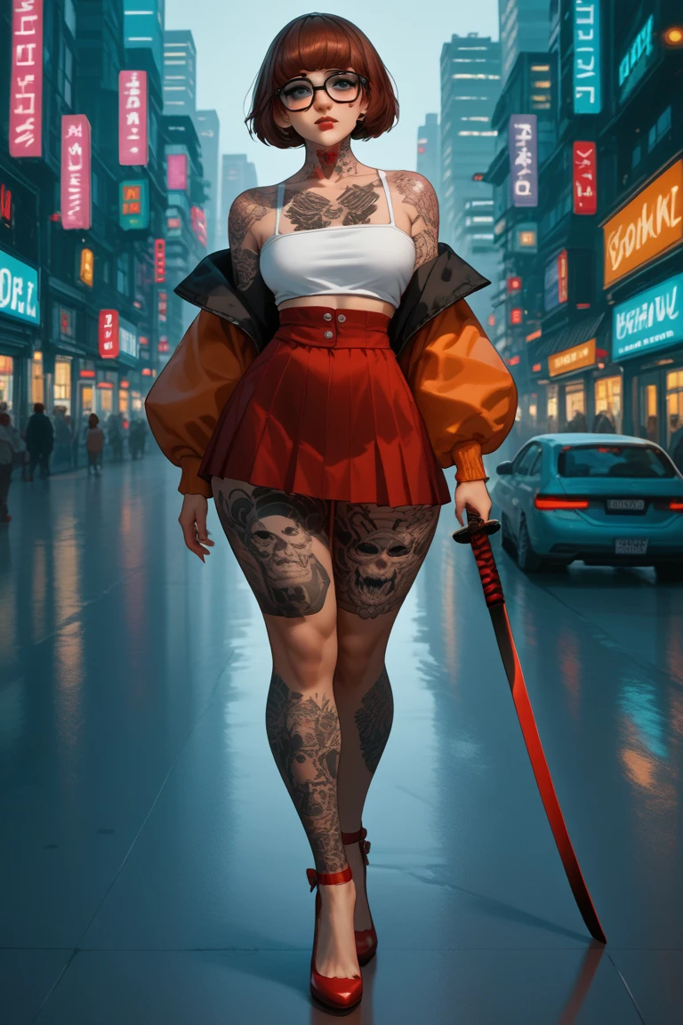 cinematic visuals of a beautiful curvy woman velma dinkley hood  have a katana sword tattoos cyberpunk cyberpunk city body sharp gaze full body  sexy pose neon mini skrit