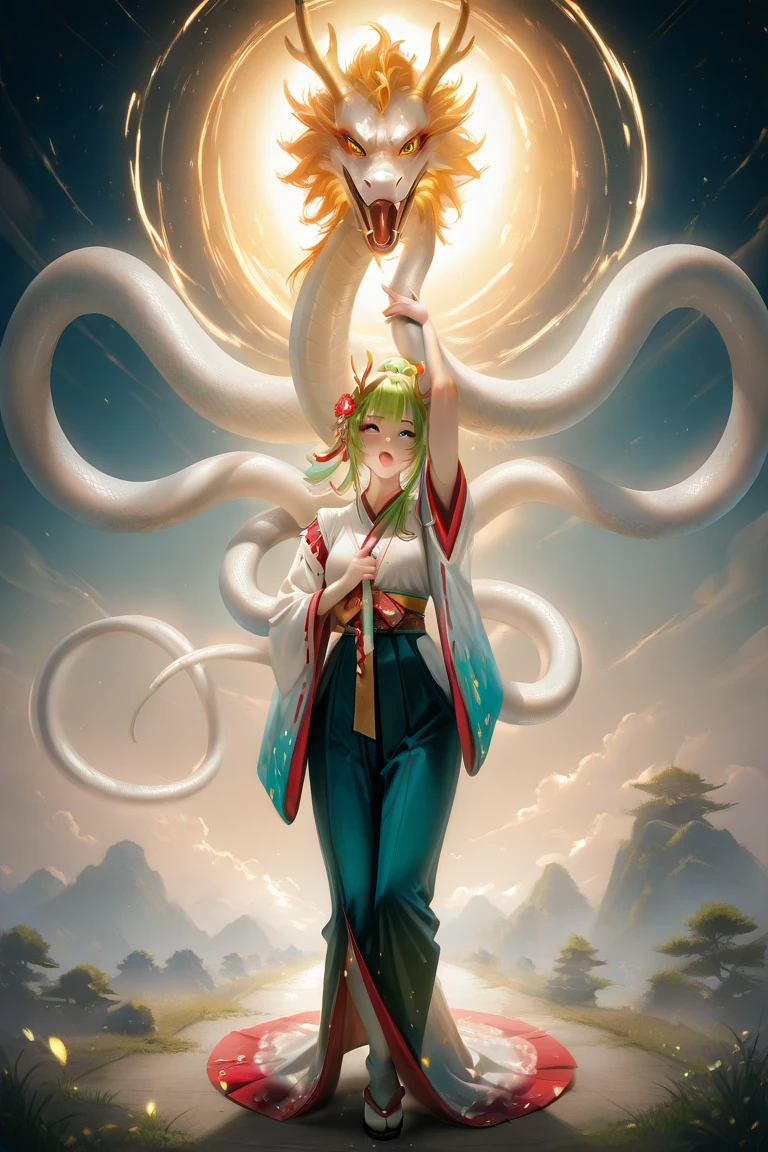 A male character, anthropomorphized as a dragon, is depicted wearing green and gold traditional Japanese clothing, with dragon horns protruding from his head. He has a dragon wrapped around his entire body. He is walking in from the right and is high-fiving the female character with his left hand. Meanwhile, a female character, inspired by Benzaiten, is wearing a divine traditional Japanese outfit and has a large white snake wrapped around her entire body as she walks in from the left, high-fiving the male character with her right hand. The two characters are high-fiving as they pass each other at the center of the screen, emphasizing that moment. The background features a traditional Japanese landscape, creating a mystical atmosphere.