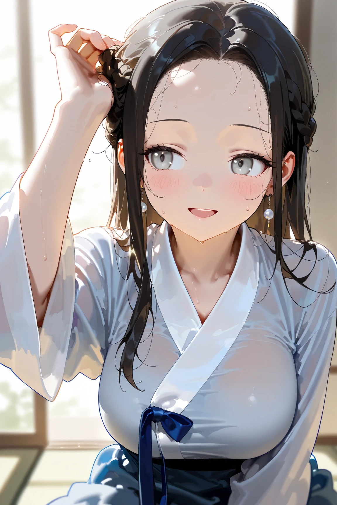 
score_9, score_8_up, score_7_up, high detailed, high quality, masterpiece, no text, quality highlights, 8k detail, detailed background, source_anime, dynamic view, ultra-detailed,
pov, Korean Hanbok, cute girl, solo, earrings, blush, flawless smooth skin,
oversized clothes, A dazed expression, (forehead, Bangs with visible forehead, Show me your forehead, no bangs),((side parted hair)), Braided  hair, Plait, Braid, French braid, Honey rice cake, rice cake, bright smile, open mouth,
... 1girl, solo, Ancient oriental style, black hair, Large breasts, Cute girl, Pale gray eyes, Tareme, Sweat, She is a human, Long eyelashes, Beautiful face, Sensual, A hairstyle with long bangs brushed to the side, A clean forehead without a tattoo on the forehead, She is tying her hair, She tries to tie her hair, Disdain, Staring at,
(best quality,4k,8k,highres,masterpiece:1.2),ultra-detailed,intricate details, high fashion, dramatic lighting, chiaroscuro, Without hair streak, She is only black-haired