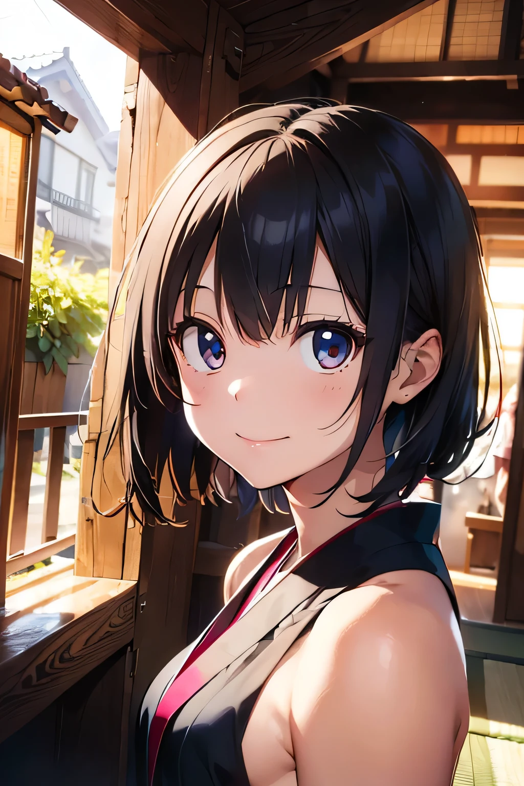 Anime girl with black hair and blue eyes looking out a window - SeaArt AI