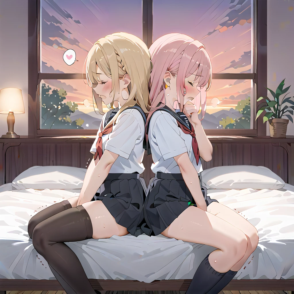 (masterpiece,beautiful,hughres,CG,8k,16k,best quality,high-resolution,detailed fingers,detailed hands,detailed legs,detailed eyes:1.5),anime,source anime,illustration,face focus,(from side:1.6),(2girls:1.5),(evening,indoor,one&#39;s home,bedroom:1.5),(sunset:1.3),shadow,(on the bed:1.4),(head down:1.2),(girl on the left(blonde hair):1.5),(girl on the right(pink hair):1.3),( thighs:1.4),(school uniform,white shirt,pleated skirt,black skirt,black thighhighs:1.3),small breasts,(panties pull,panty pull:1.3),sitting,(My legs,knees to chest,folded,knees together feet apart:1.4),leg up,(profile:1.2),(back-to-back:1.5),hand over own mouth, covering own mouth,(female masturbation:1.4),( fingering:1.2),(female orgasm, female :1.4),(pussy juice:1.2),(trembling:1.4),(gasping,heavy breathing,blush:1.5),(impatience1.1),flustered,(fidgeting around:1.4),(steam:1.2),(sweat skin,sweat:1.4),(streaming tears:1.3),(drooling:1.1),(looking away:0.5),(looking down:1.4),(spoken heart:1.4),(closed eyes:1.6),open mouth