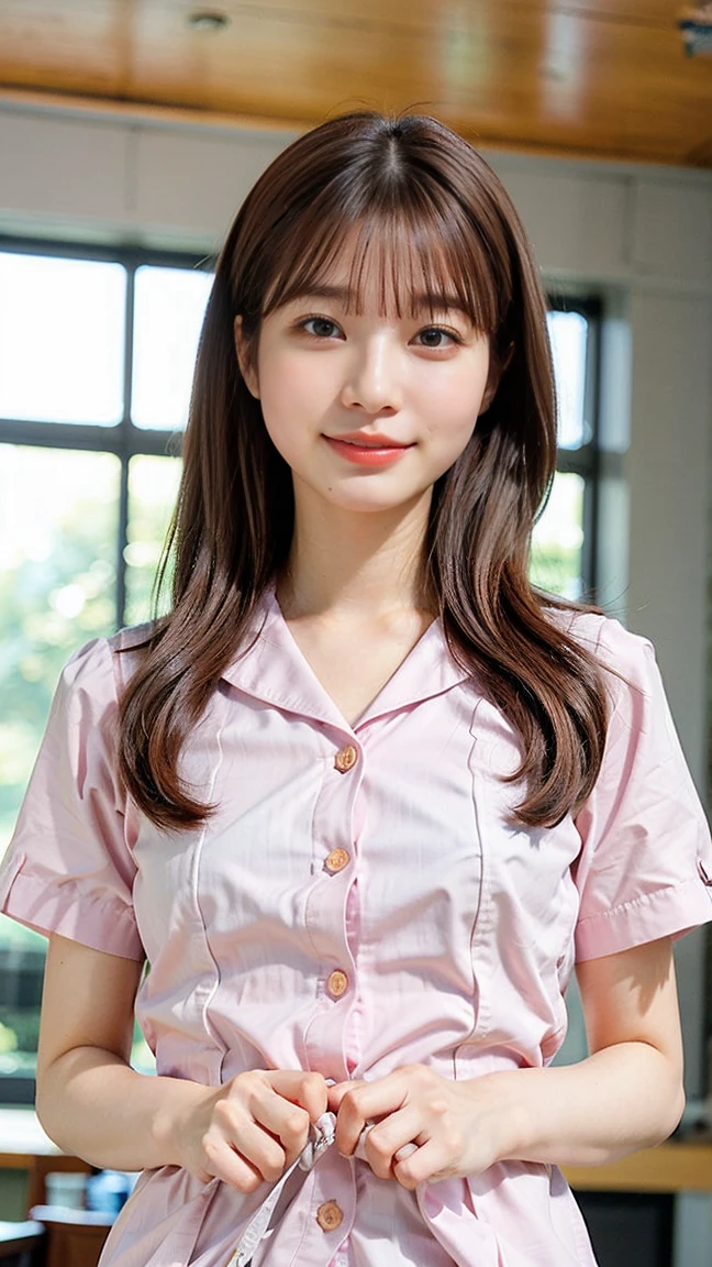 (photo practical:1.4), (hyper practical:1.4), (practical:1.3), (Smoother lighting:1.05), (Improving the quality of cinema lighting:0.9)、Natural light、Professional photos, practical portrait,(Japanese beautiful girl、1 high school student),, Beautiful face and eyes, Very cute face, smile, vitality, vitality, (A sexy uniform with a wide open chest:1.2、The chest is open wide and her breasts are exposed、Her clothes are open and her naked body is visible、Showing her boobs、very beautiful small breasts、Beautiful cherry-colored areola、Erect nipples、Small butt、Shaved),The hem is short and the lower half of the body is visible、No underwear、  (Upper body naked schoolgirl:1.4),  (district), Portrait of sexy girl, (View from below:1.2)、School classroom、During class、No underwear、No underwear、Well good、topless、Upper body naked