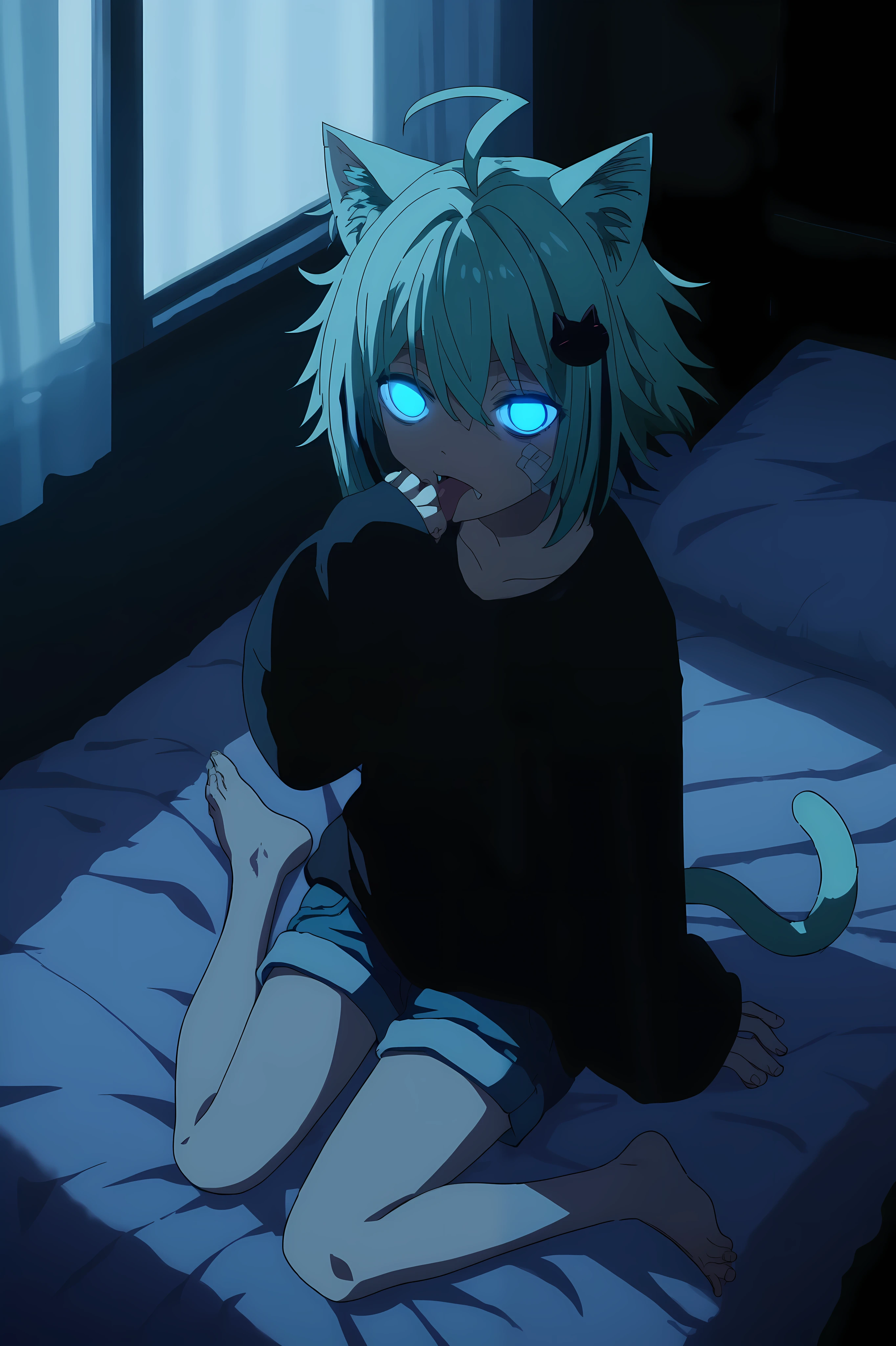 score_9, score_8_up, score_7_up, score_6_up, score_5_up, score_4_up, 1girl, sitting, wariza, from above, looking at viewer, yandere, empty eyes, glowing eyes, shaded face, full body, bandage on cheek, animal ears, cat ears, multicolored hair, short hair, messy hair, light green hair, green streaked hair, ahoge, fangs, closed mouth, tongue out, light blue eyes, oversized sweater, black sweater, scoopneck, cable-knitted, long sleeves, sleeves past wrists, bangs, cat printed, denim shorts, barefoot, feet, cat tail, hair ornament, cat hair ornament, ((one hand)), near mouth, hand lick, ((licking)), indoors, morning, windows, curtains, close curtains, bedroom, on bed,low lighting, anime screencap