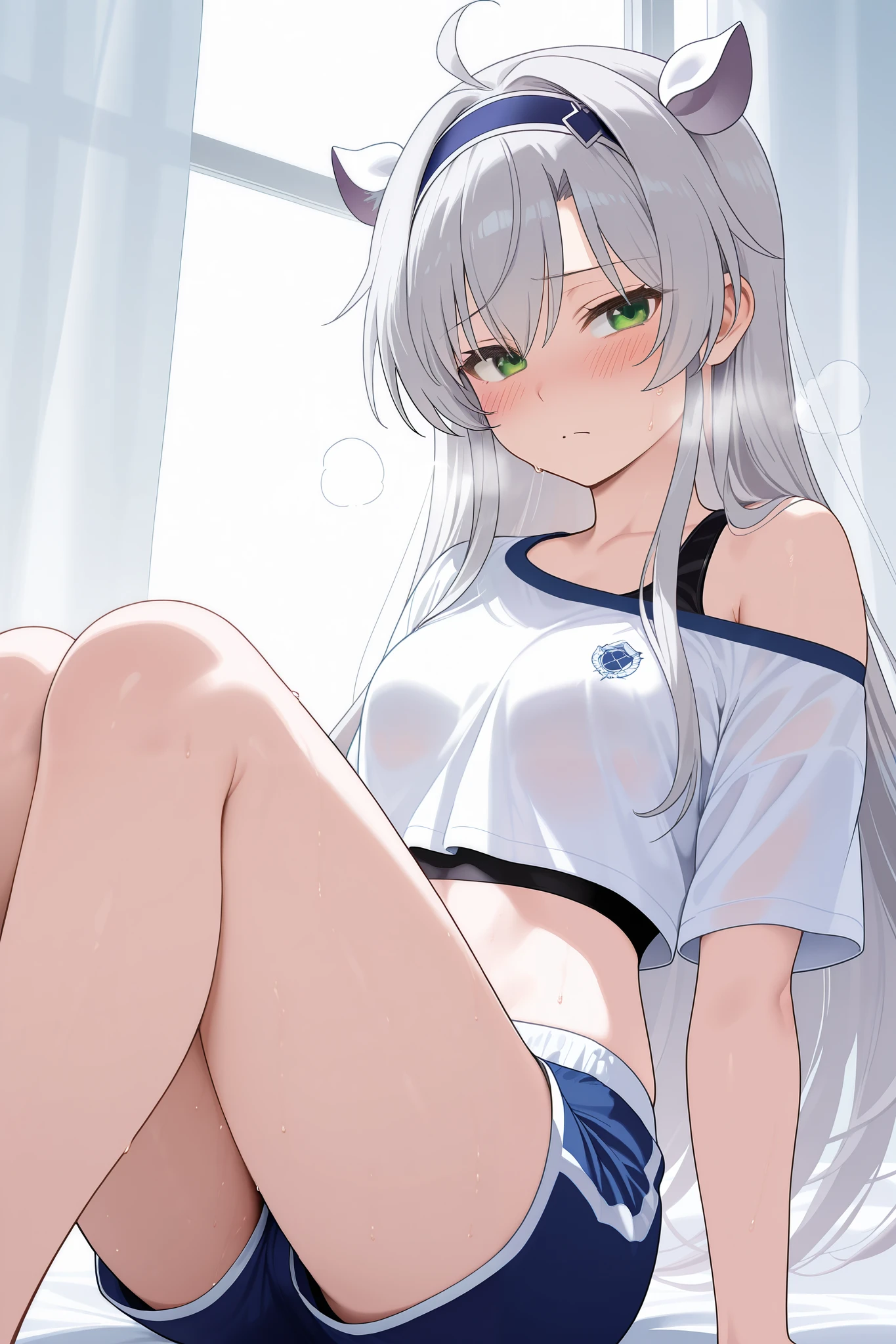 NSFW,masterpiece, top quality, high definition, very detailed,Sistine＝Fiebel 、 Roku Denashi Magi Instructor and Akashic Records、 green eyes、 gray hair、stupid hair、 small breasts、 long hair、 blue headband 、 fake animal ears , shorts , crop top, off shoulder,Short sleeve, a lot of sweat,blush,Heavy breathing, Sports Fields, sitting 