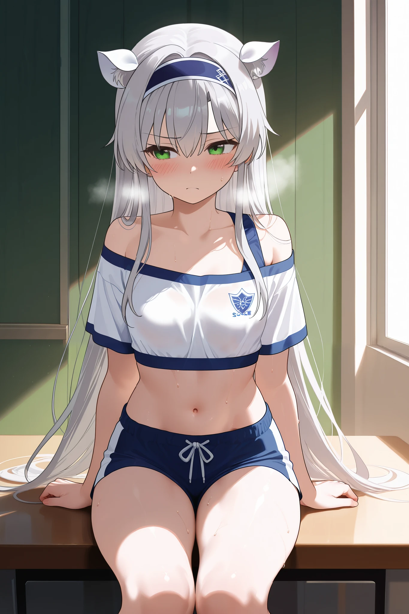 NSFW,masterpiece, top quality, high definition, very detailed,Sistine＝Fiebel 、 Roku Denashi Magi Instructor and Akashic Records、 green eyes、 gray hair、stupid hair、 small breasts、 long hair、 blue headband 、 fake animal ears , shorts , crop top, off shoulder,Short sleeve, a lot of sweat,blush,Heavy breathing, Sports Fields, sitting 