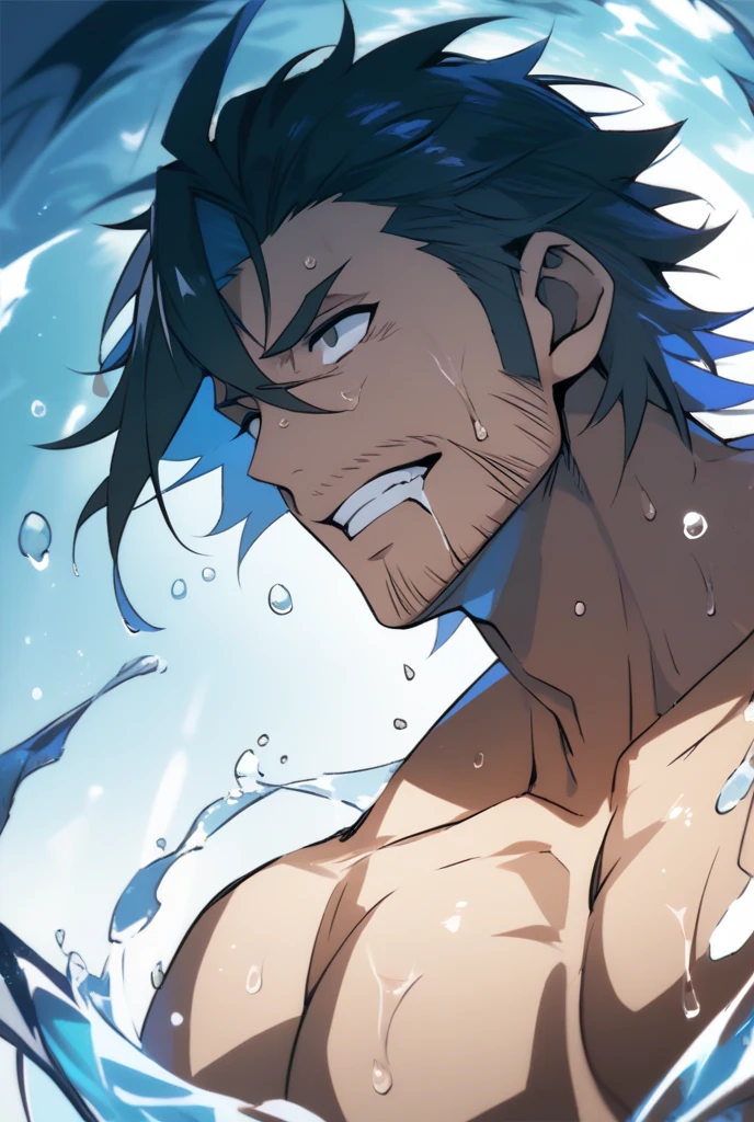 Gildarts Clive rising out of the water, empty eyes, dazed expression, blank stare, hypnotized, drooling, muscular, water dripping down the body