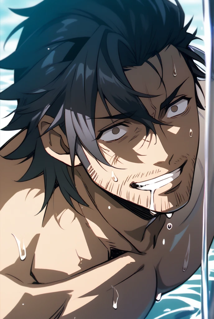 Gildarts Clive rising out of the water, empty eyes, dazed expression, blank stare, hypnotized, drooling, muscular, water dripping down the body