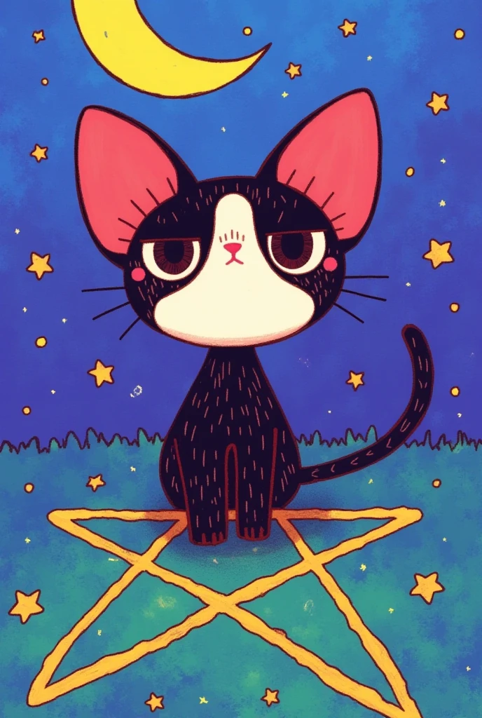 1 cartoon cat，
Pentagram， moon