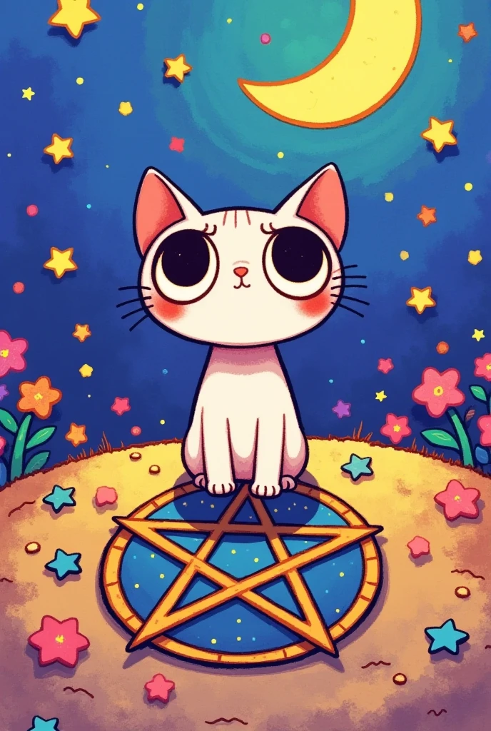 1 cartoon cat，
Pentagram， moon