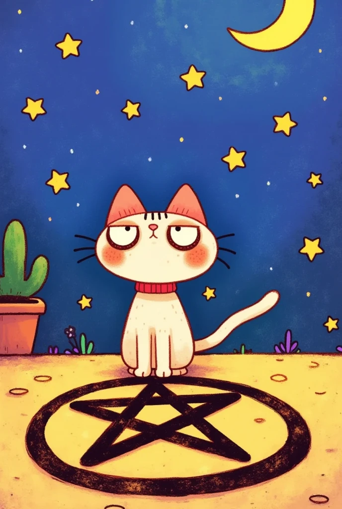 1 cartoon cat，
Pentagram， moon