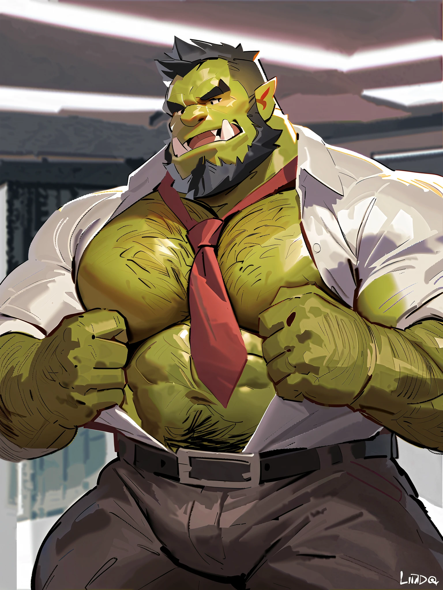 Green skinned bara orc, very large pecs, strong physique, very muscular, perfect anatomy, masterpiece, black beard, black eyes, lustful eyes, strong jaw, giant biceps, shirtless/ busy taking off white dress shirt, red silk tie around neck, hairy pectorals, solo, in black loose fitting slacks, leather belt, big muscle ass, great lighting, hairy, nude, king Orc, very manly, taking off shirt, sweaty, by lindong, by dopq, office theme, office background 
