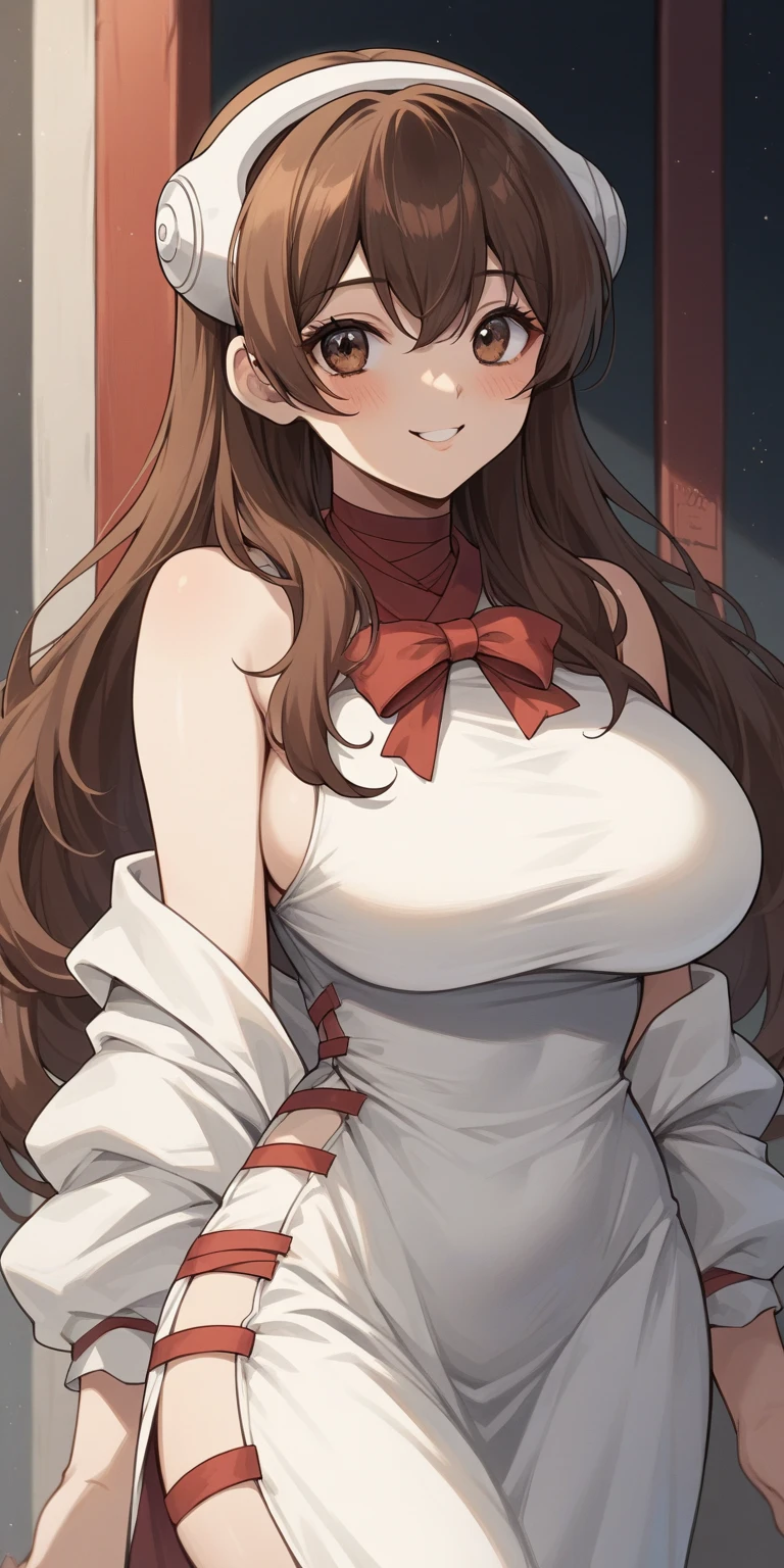 score_9, score_8_up, score_7_up, source_anime, yuzurikha ,  long hair, bang,  brown hair ,  brown eye ,  white full-size headphones , ( huge breasts:0.6),( huge hips :0.8),  open shoulders , clavicle, shoulder,  white primitive dress ,  open side ,  side red binding dress ribbons, smile,  style to blush,  looks at the viewer , One,