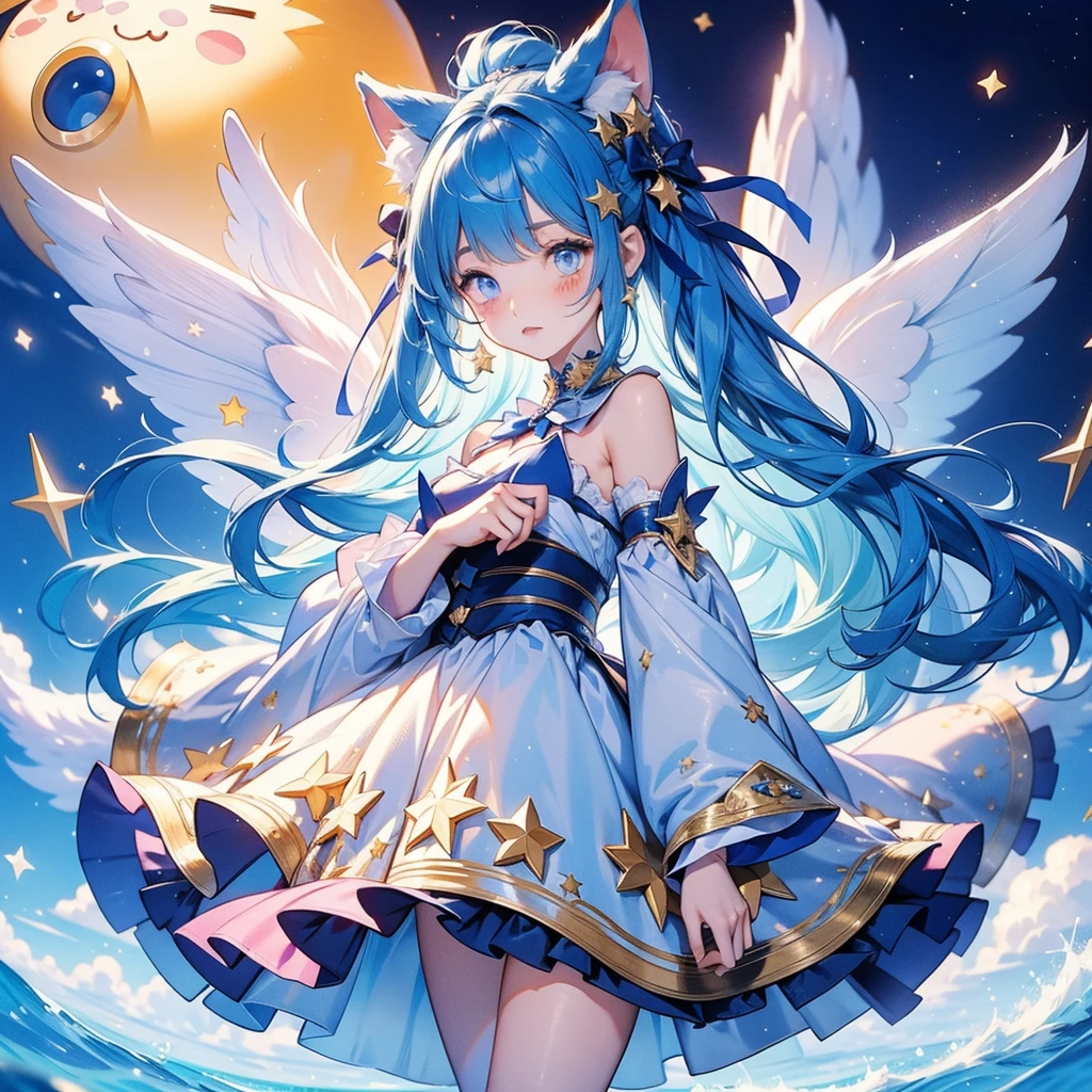 dream、A cute sitting on a model of a large crescent moon、An illustration、anime、