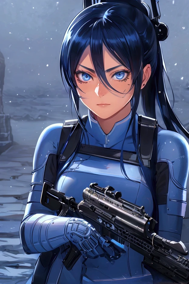 Pitohui_Elza, big blue eyes, facing forward, close-up of face, holding assault rifle, headgear, (Amazing, Captivating, Enchanting, Inspiring, Gorgeous, Impressive: 1.3), (Highly detailed, High quality: 1.3)