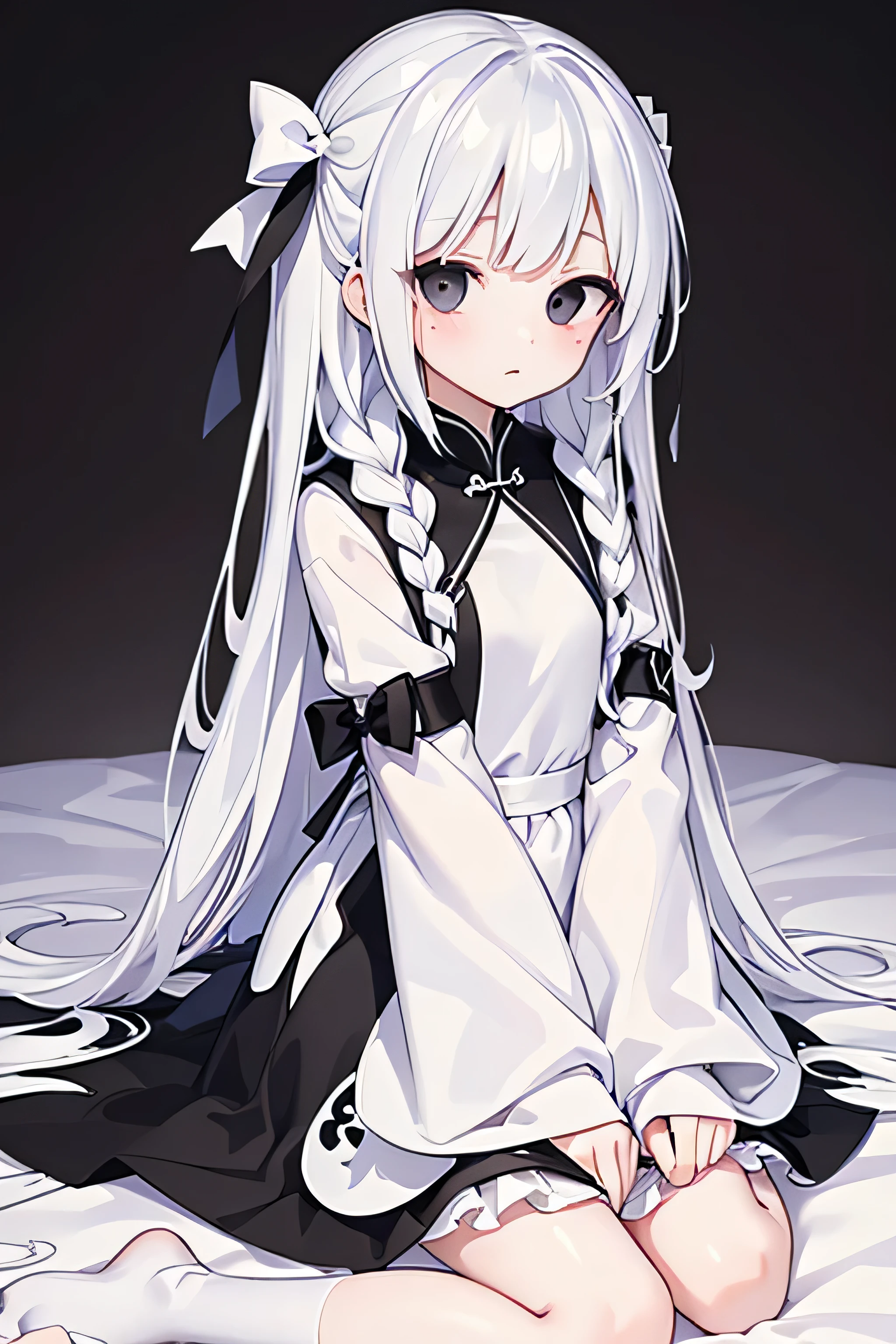 (Top image quality), (Super detailed), (facing forward), top quality, Masterpiece, (((1 girl ))), slime girl, white slime, sweats profusely, girl with, silver hair, white hair, ((long hair)), braid, (black eyes:1.6), (White and black cheongsam), hoodie dress, Lots of frills, Lots of ribbons, white ribbon, She has a cold face, Fluffy and oloose hair