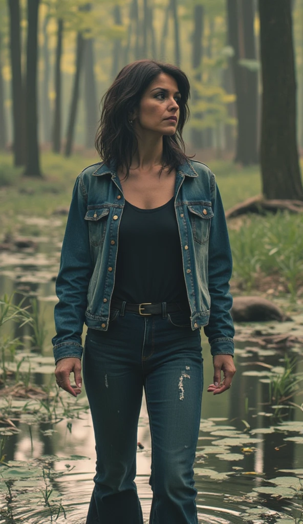 grainy photo film,  faded denim jacket ,  mature woman , drowning in a forest swamp ,  soaked flared skinny jeans,  t-shirt ,  disheveled hair , look back, 