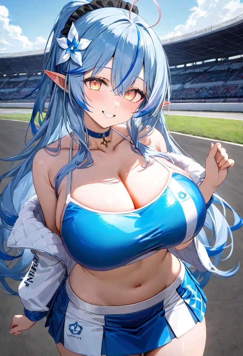 ( top quality , 8k , masterpiece ),  girl  , young , 1 person ,  very detailed eyes and face , Yukihana Lamy ,  hololive  ,  blue hair  , smile ,  will be happy ,  red cheeks  , ( race queen, skirt, midriff, crop top :1.2 ) , (  huge breasts )