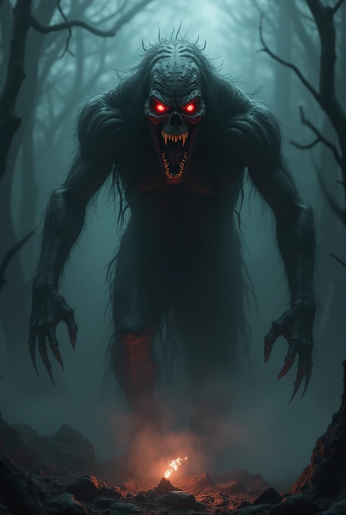 Create a horrifying monster standing in a dark, foggy forest at night. The monster has a grotesque appearance with large, sharp fangs, glowing red eyes, and long, razor-sharp claws. Its skin is rough, covered in dark, slimy scales, and it has multiple twisted, unnatural limbs. The background is dimly lit by moonlight filtering through dense trees, casting eerie shadows. The atmosphere is filled with a sense of dread and fear, with the monster as the focal point, emanating an aura of imminent danger and terror.