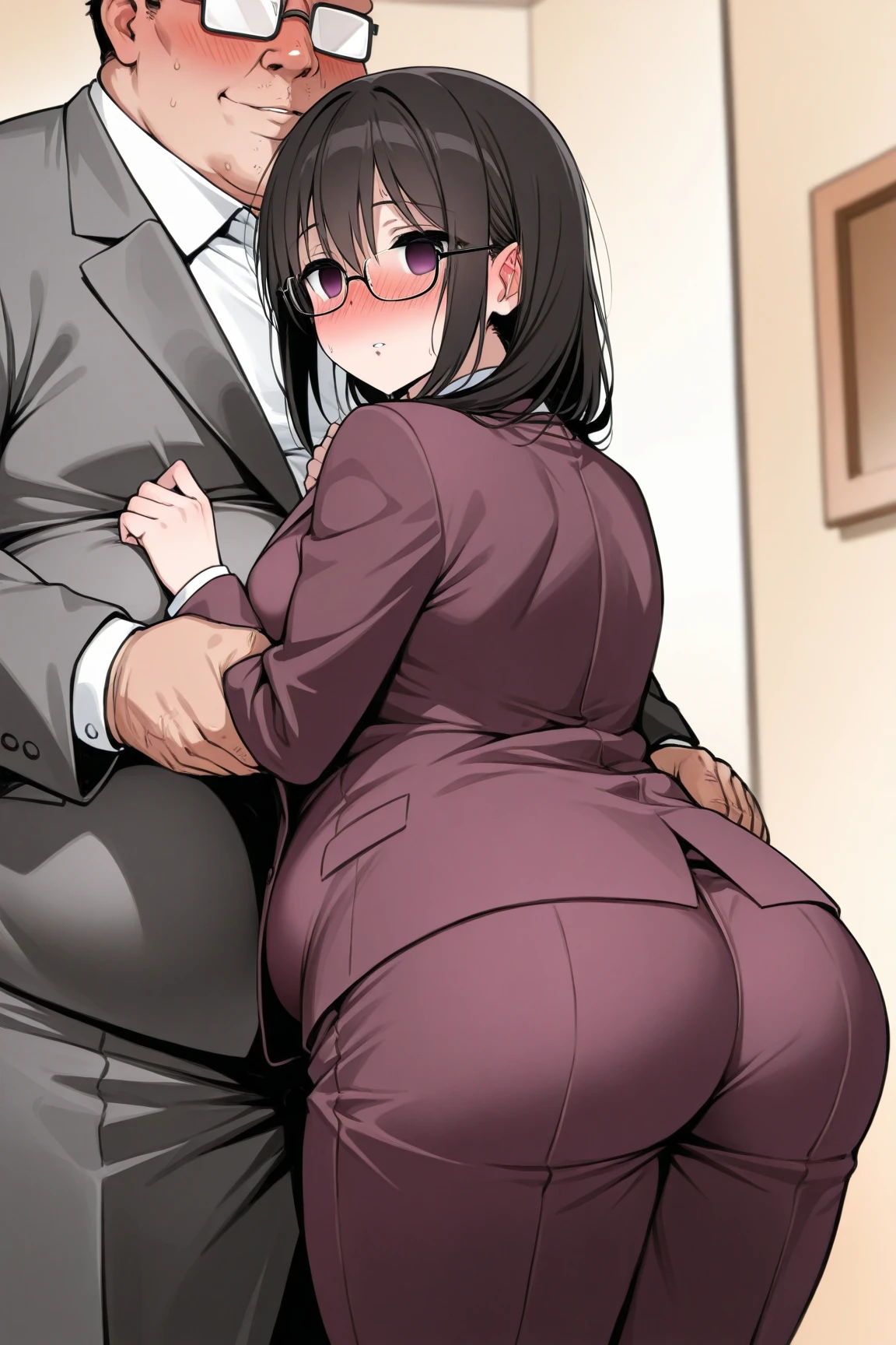 *********** Girl Molested By Her obese fat man (japanese,suit, glasses,empty eyes, nose blush ,cleft chin,back )