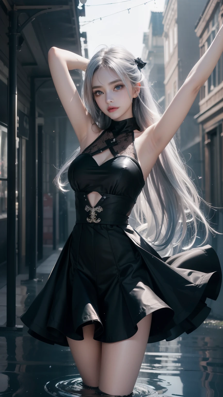 1 girl, anime style, kneeling, hivering, feeling cold, shivering, transparent suspender stockings, leg straps, short skirt, (long white hair), blue eyes, rain-soaked top, rainy day, heartache expression --auto