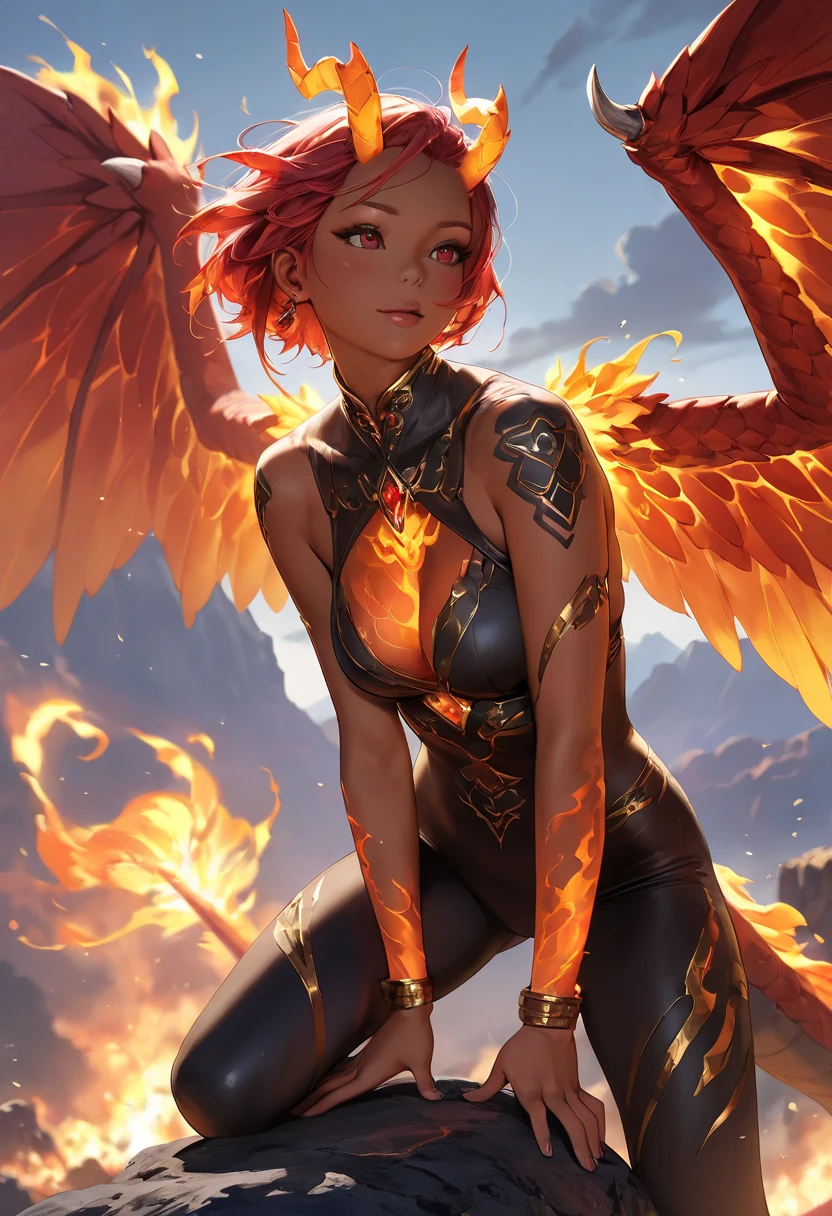 acid lighting, from below, hyperdetailed, hyper realistic, epic action full body portrait Incredible beautiful of Firebird girl with the merger between gold and fire, hypnotic opinion, fractal hair and feathers, detailed face | DamShelma | Bayard Wu, Ognjen Sporin, Yann Dalon, Toni Infante, Amr Elshamy, Viktor Miller-Gausa inquisitive soul | inspiration | gold colors, intricate detailing, surrealism, fractal details, enigmatic flirty smile, view from back, dressed in complex chaotic diamond outfit, artificial nightmares style, reflective eyes, detailed eyes, detailed art deco ornamentation, 32k
