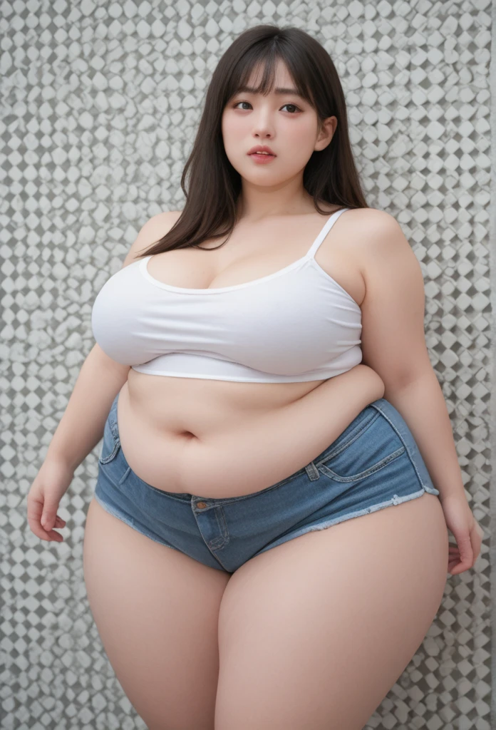 Fat sexy Korean girl big hips big breasts fat in shorts and top giant wide hips