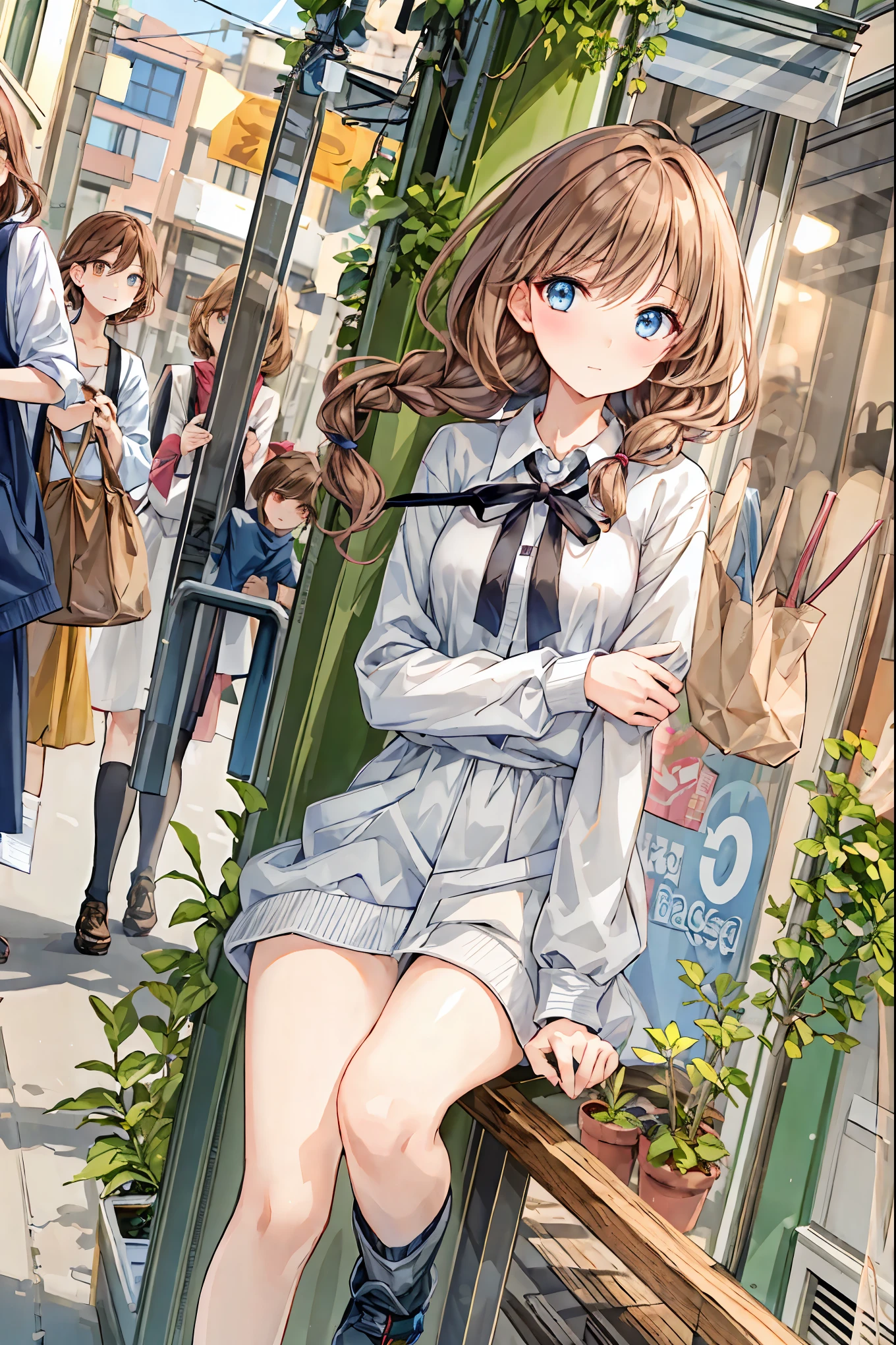 Anime girl sitting on a bench in front of a store - SeaArt AI