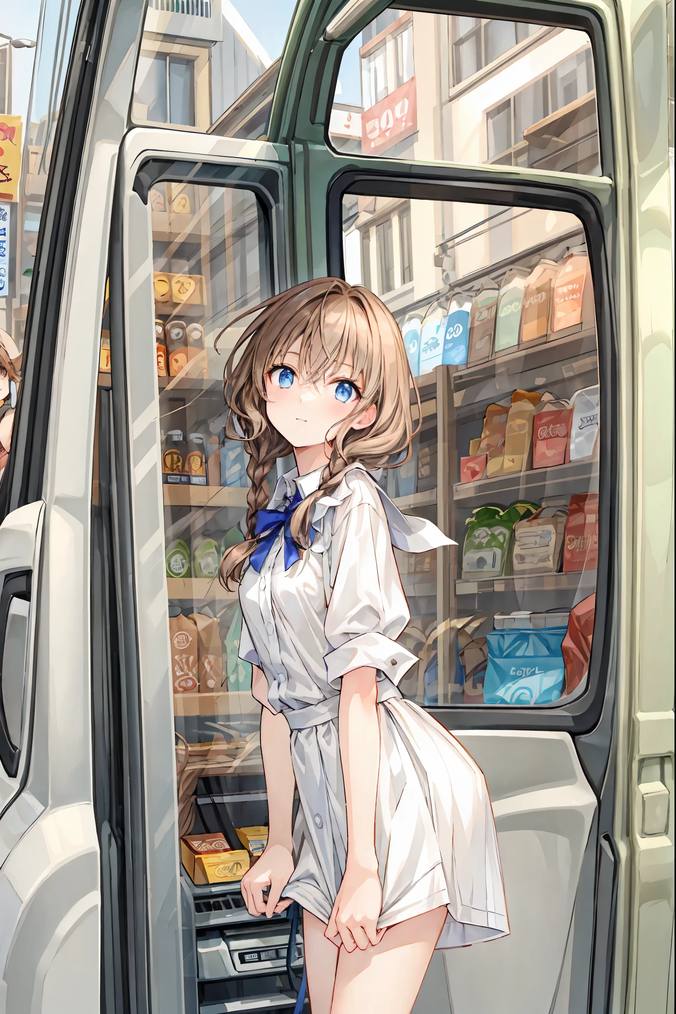 A Combi car heading south on a dirt road on a sunny day, The view on the left is of the vast ocean....、右側には生命が溢れる山There is..々There is ，  brown hair，  Shortcut  ， Hands-on Bravistia  ， short braided hair，Neat， Slender and beautiful woman，Correct posture， small breasts，  Beautiful Legs，   Her enchanting gray-blue eyes sparkle like stars，Droopy eyes，  bright color,  beautiful eyes,A delicate smile, Textured Skin, Boasting the highest quality ,   A Parody of a Gentle and Beautiful Woman  ,  anime style ､